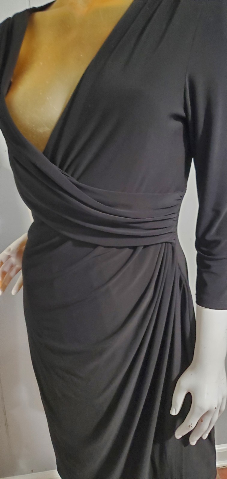 Lauren Ralph Lauren Black Sheath Long Sleeve V-Neck Ruched Dress SIZE 12