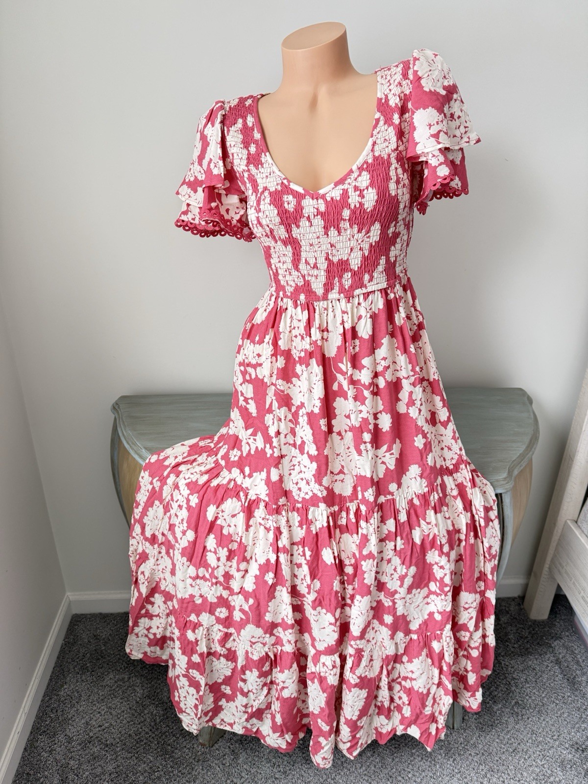 Fairy Cottage Dress Y2k Pink Floral Smocked Tiered Maxi Boho Rayon V Romantic