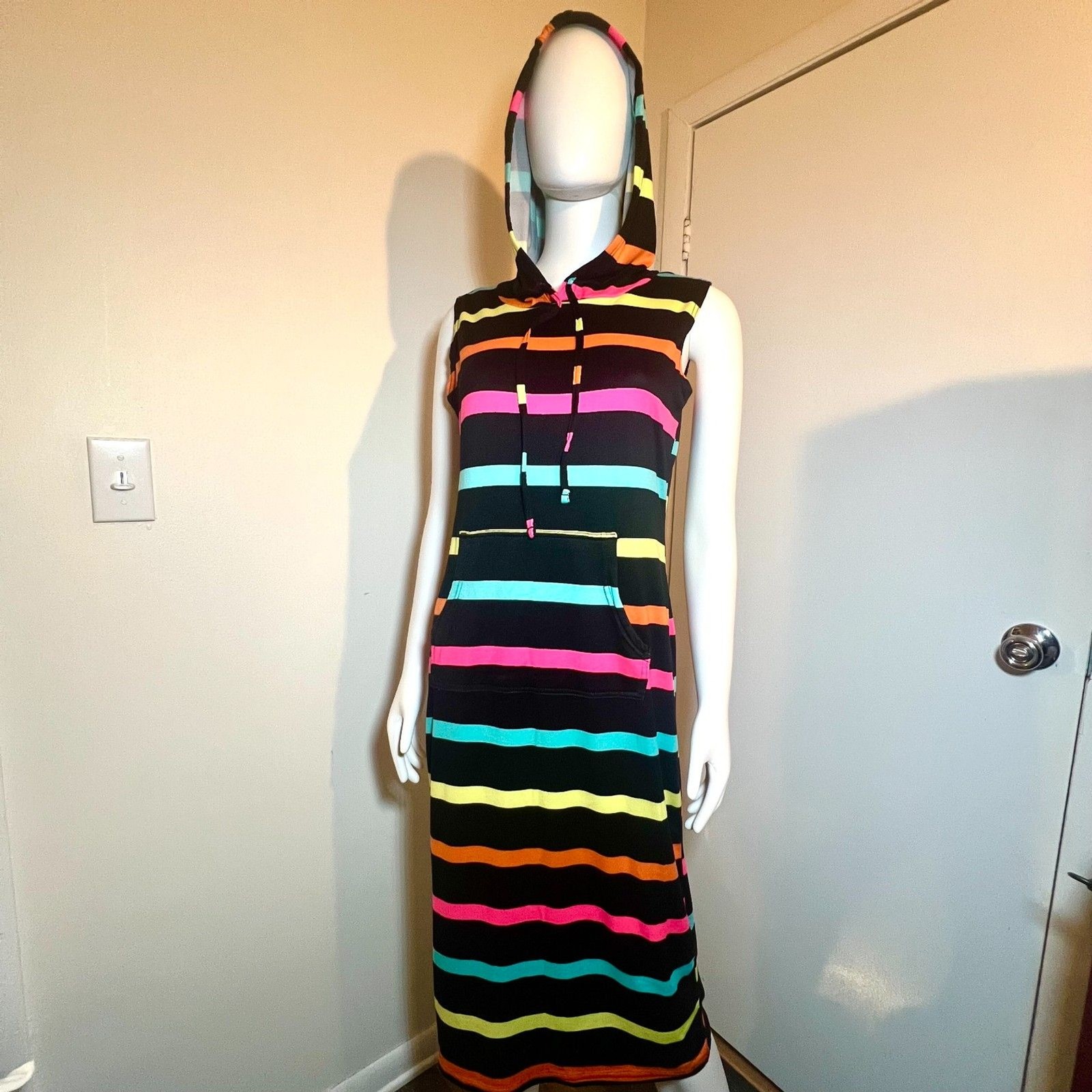 Rainbow Maxi Hoodie Dress M Y2K Kidcore Beach Swim CoverUp Stripes Bobbie Brooks