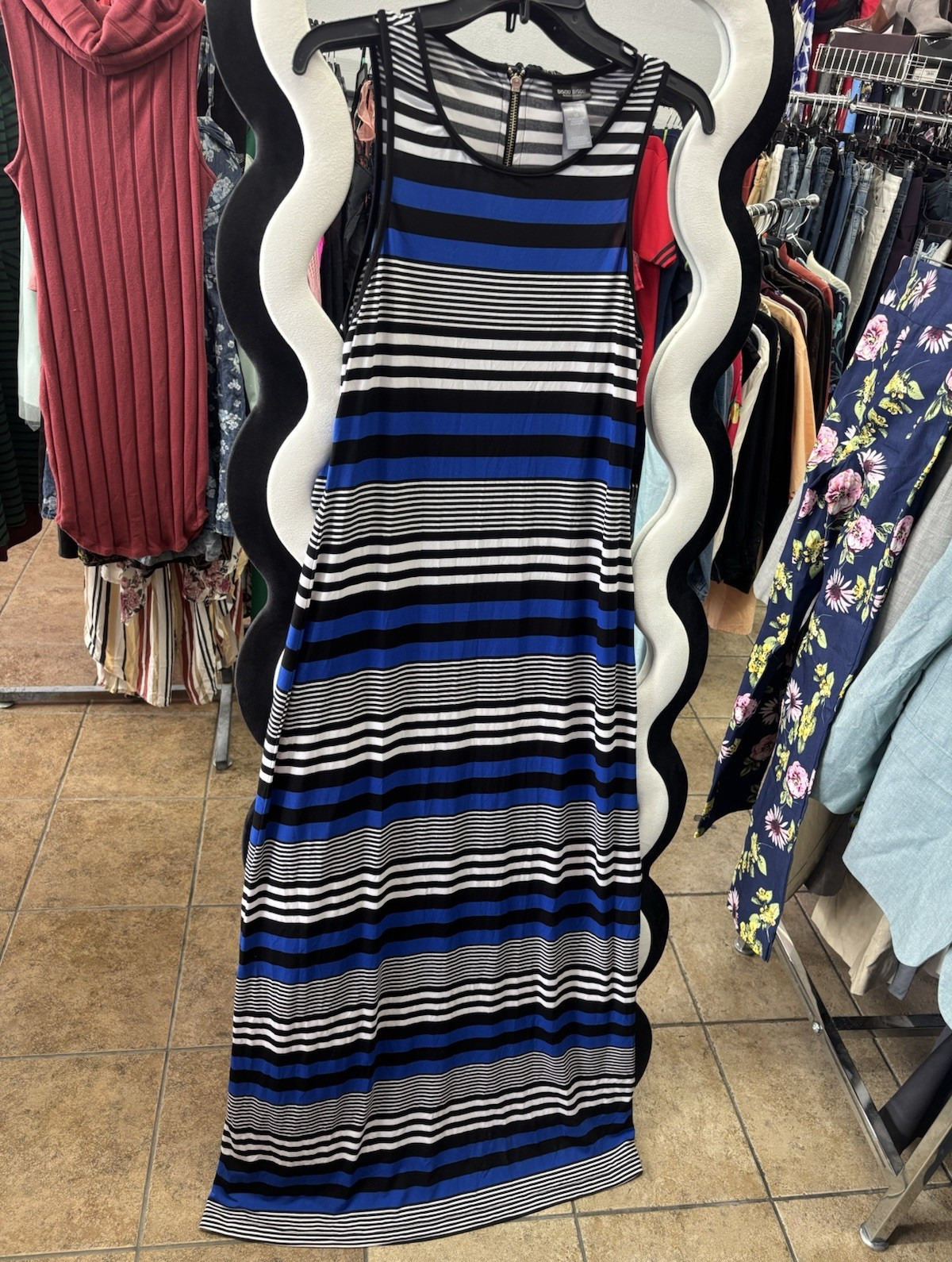 BISOU BISOU Michele Bohbot Blue Black White Striped Maxi Dress Scoop Neck 10