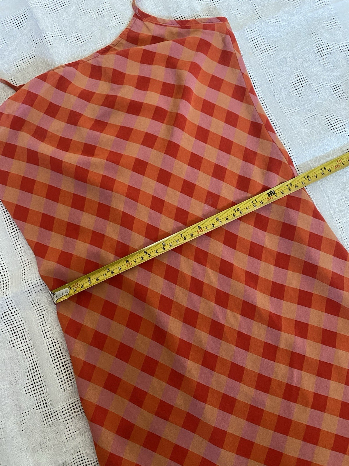 LHD 100% Silk Orange Pink Gingham Halter Mini Dress Open Back Size 4
