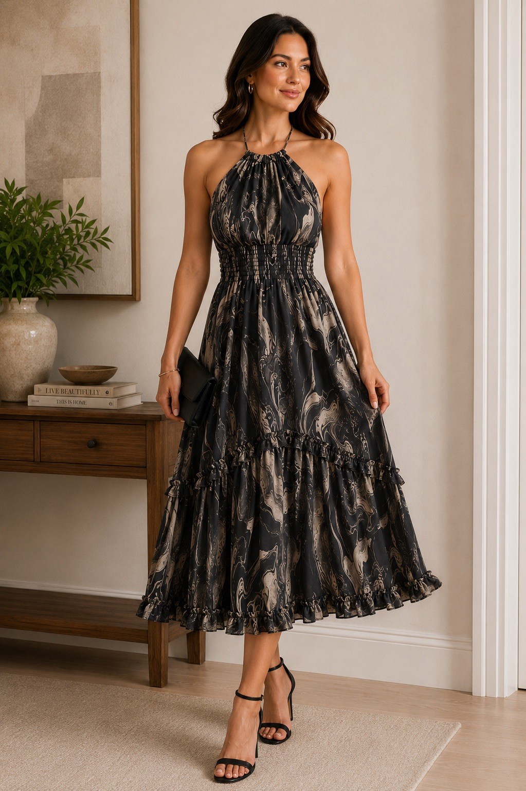 BANANA REPUBLIC Halter Maxi Dress, Fit & Flare, Marble Smoke, Medium