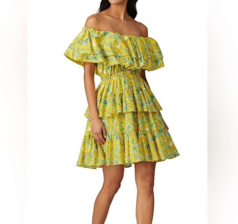 Rhode Dotty Tiered Mini Dress Yellow Eden Size L Cotton Ruffle Floral Bird Print