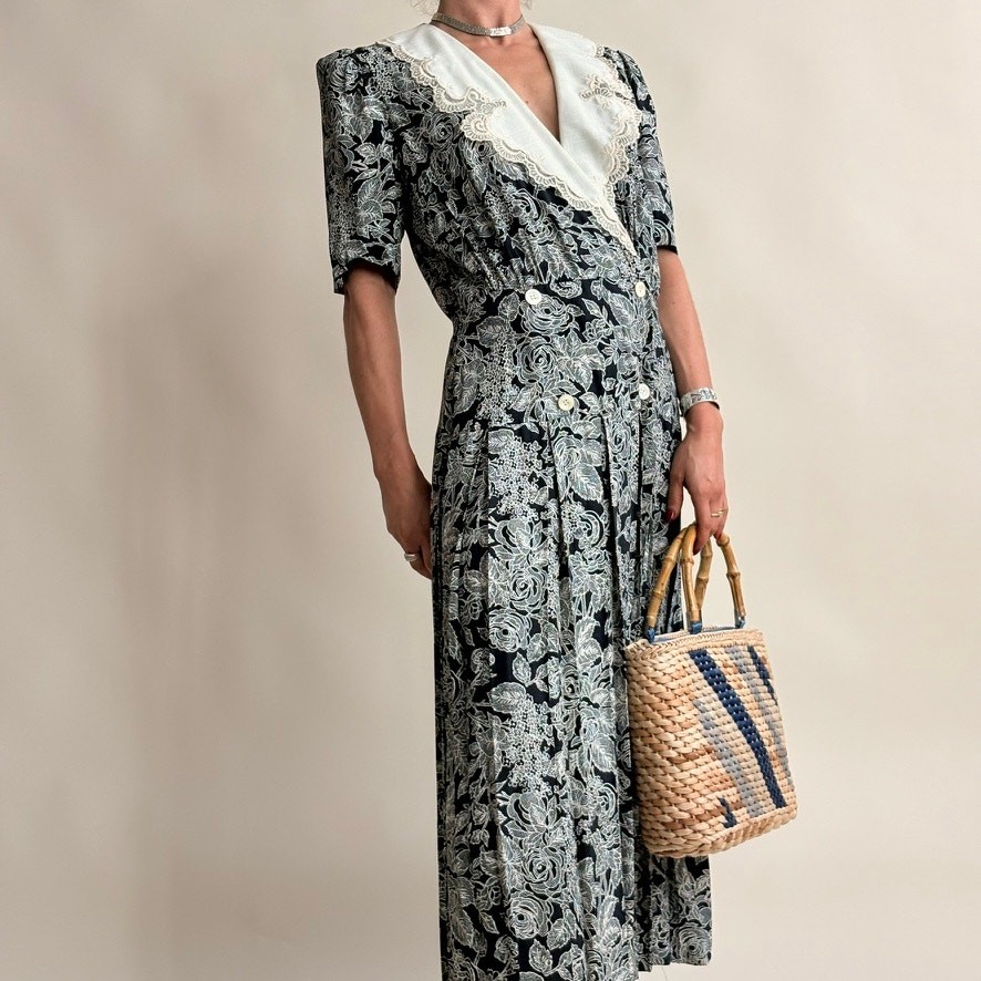 Vintage Jane Singer Navy Floral Maxi Dress – Size 8