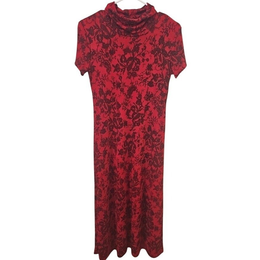En Focus Studios Red Black Floral Paisley Cowl Neck Maxi Dress Short Sleeve L