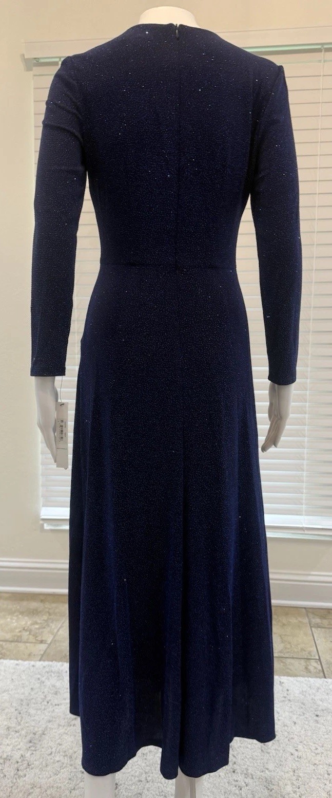 Maggy London Sequin Keyhole Neck Long Sleeve Cocktail Dress in Navy Blue Size2