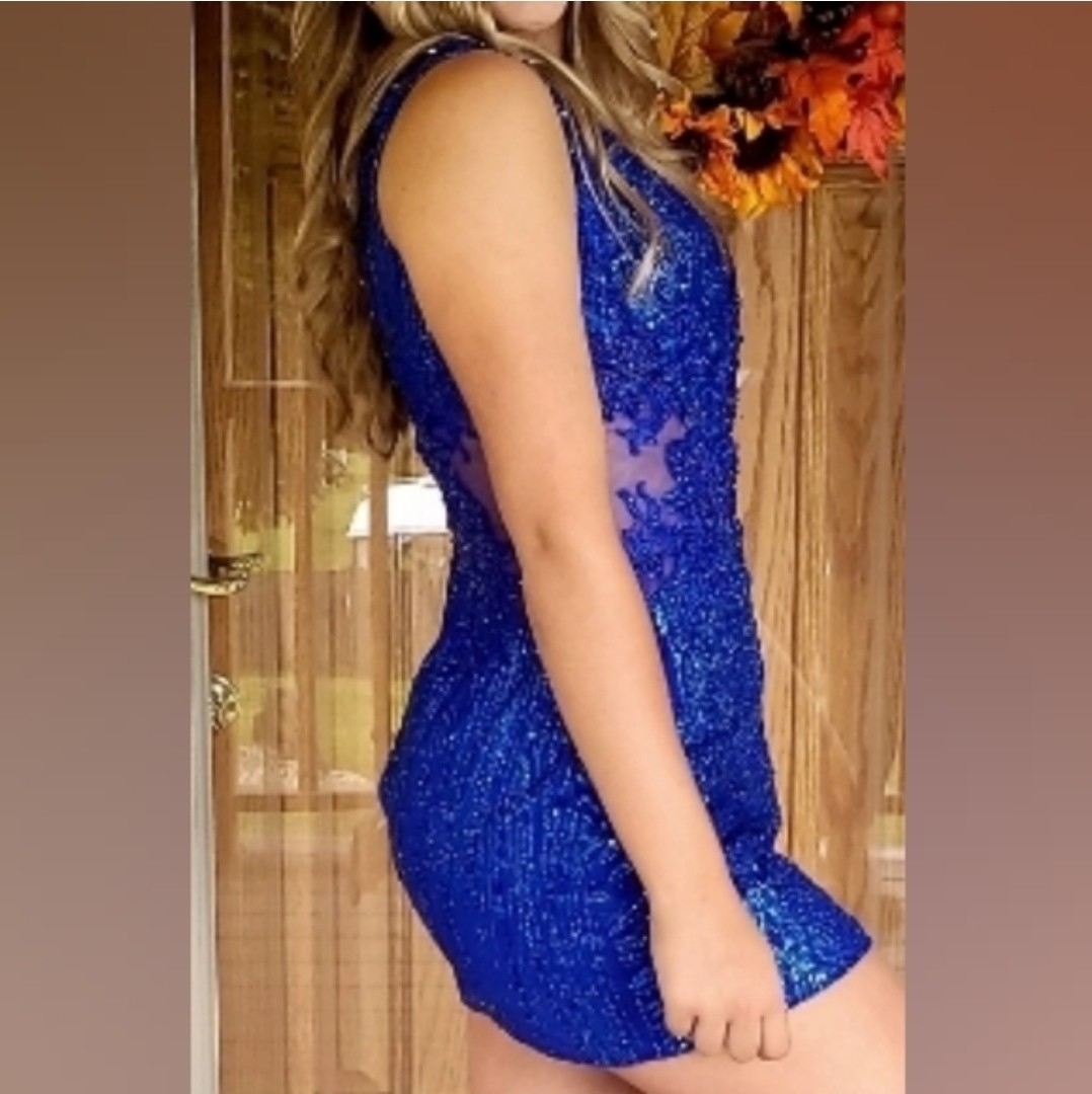 Blue Sequin Beaded Sheer V-Neck Sleeveless Mini Dress Fringe Hem