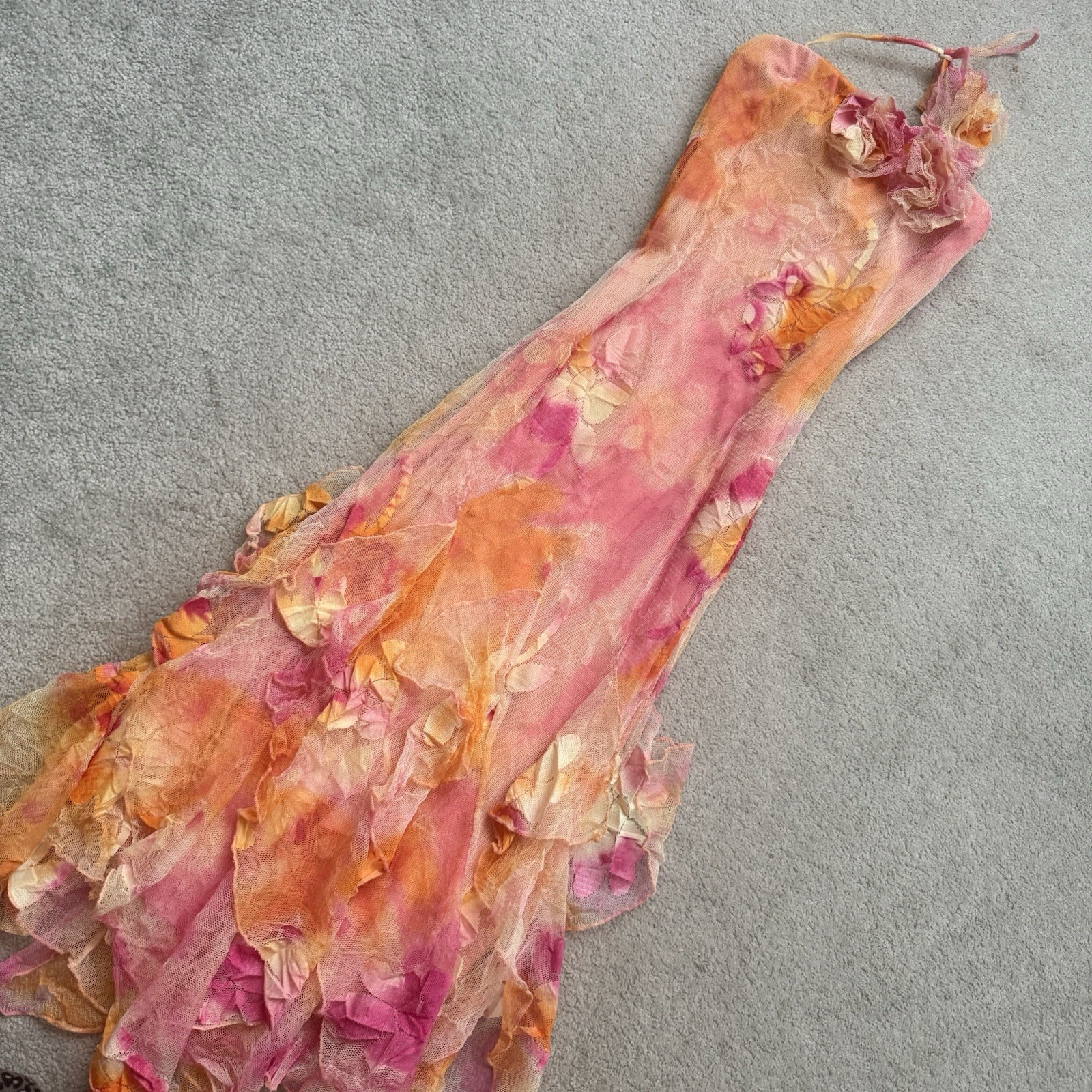 Spanish Luxury Designer Sunset Lace Halter neck 3d Appliqué Maxi Dress Side XS