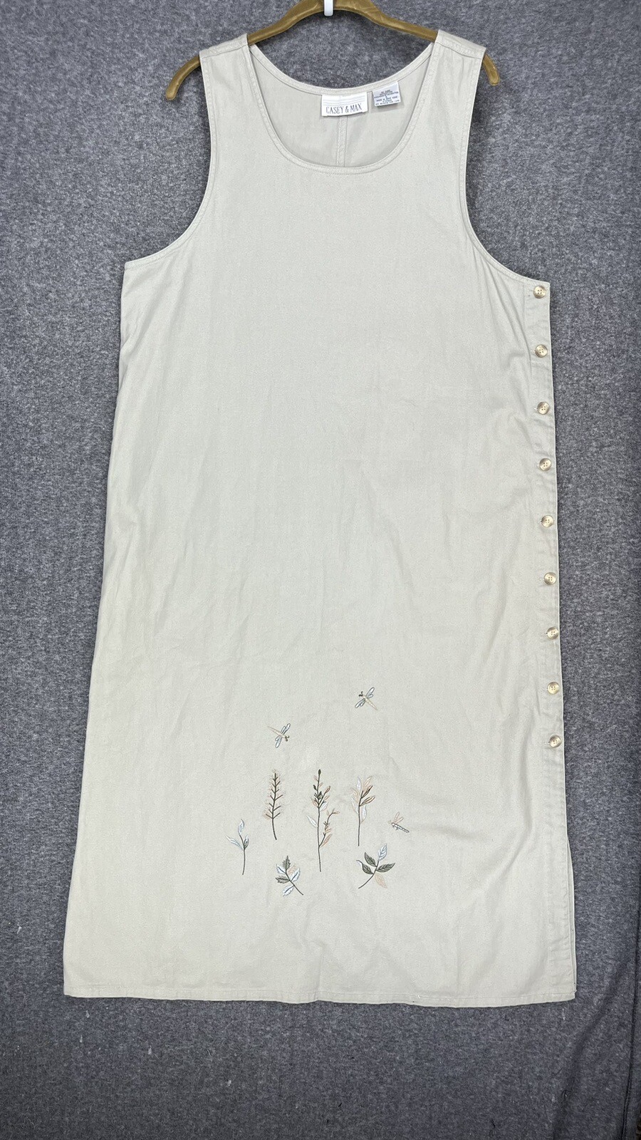 Vintage Casey & Max Khaki Long Jumper Dress Women’s L Floral Embroidered Button
