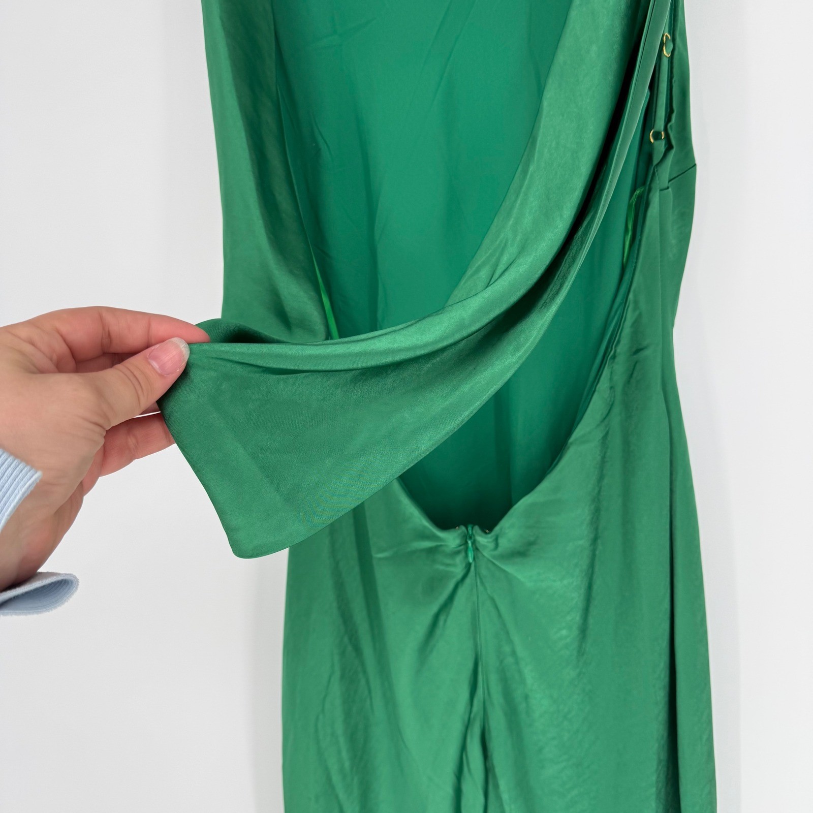 RUNAWAY THE LABEL RAELYN MAXI DRESS EMERALD GREEN SATIN OPEN BACK MEDIUM NWT