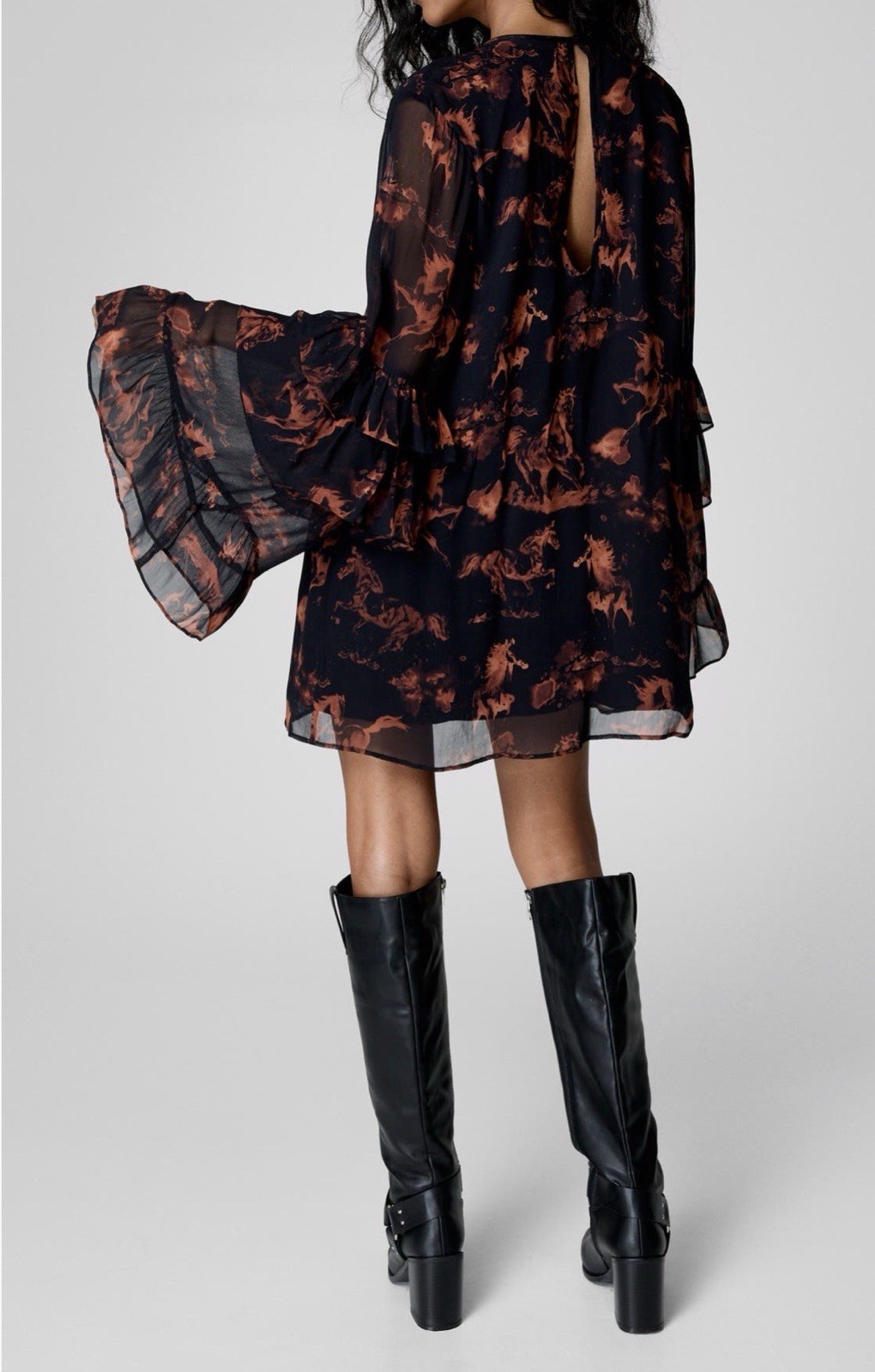 Nasty Gal Stallion Horse Print Ruffle Bell Sleeve Mini Dress Black Rust US 8