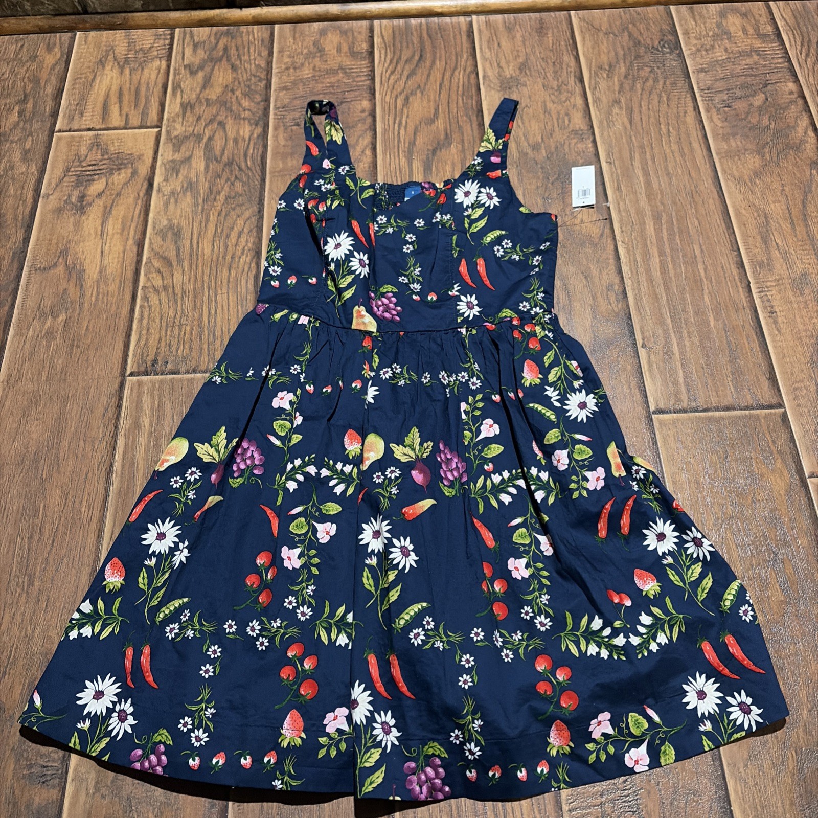 Old Navy Dress Womens Small Blue Linen Blend Fruit Floral Notch Neck Size Small