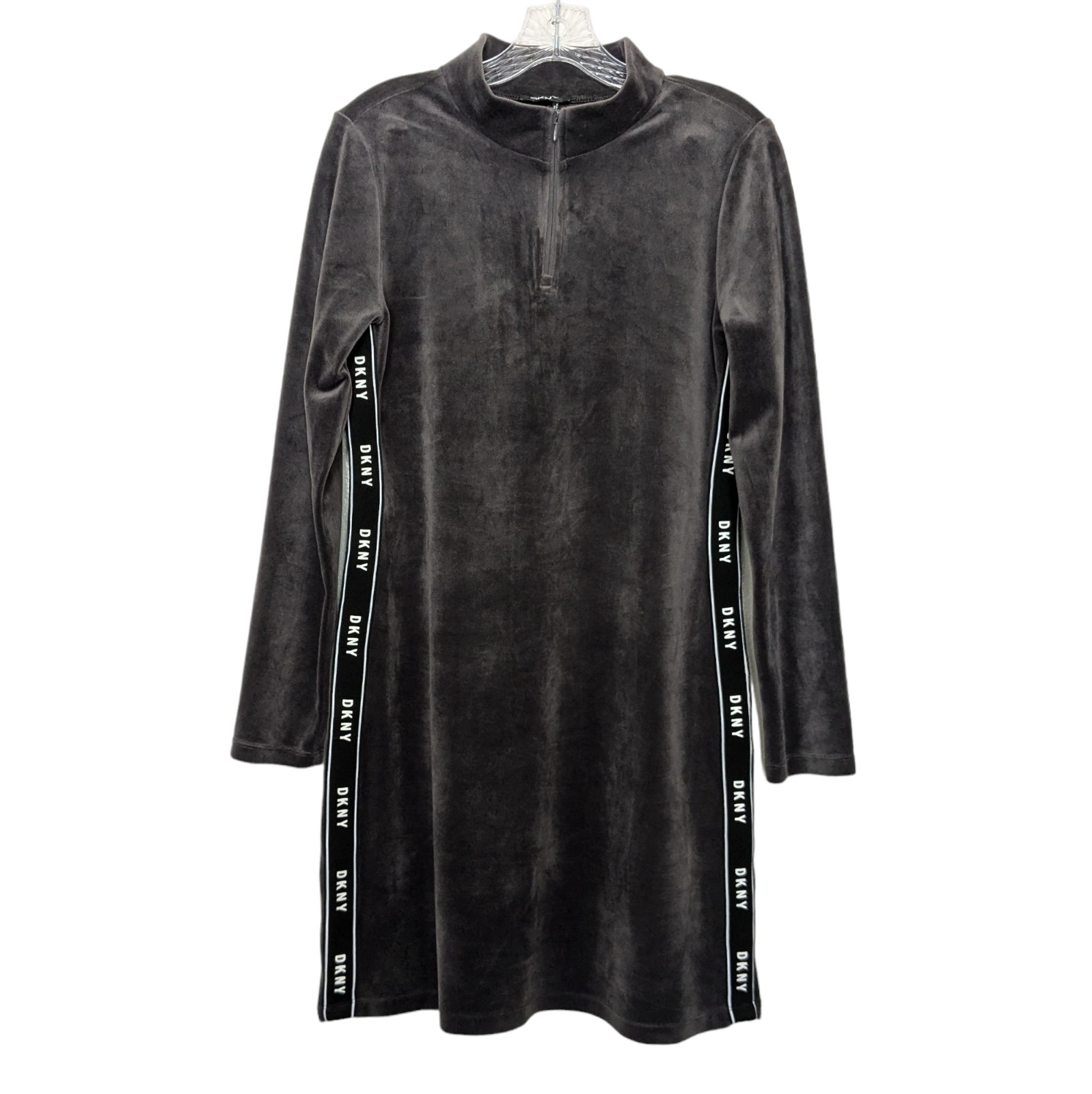DKNY Gray Velour Logo Tape Dress Women’s Medium Long Sleeve Pullover Hip Hop EUC