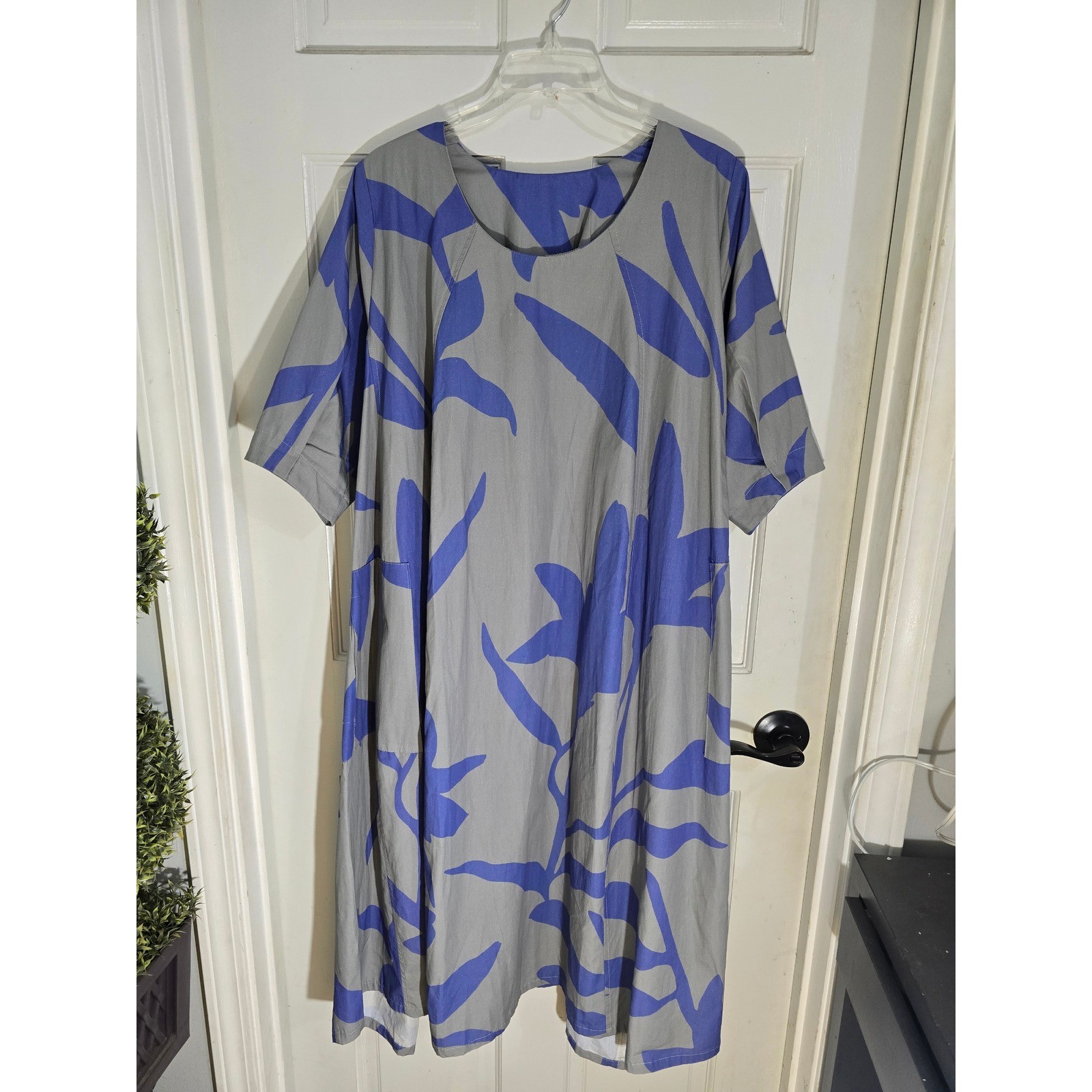 Gershon Bram Grey Blue Abstract Leaf Print Cotton Lagenlook Shift Dress Size M