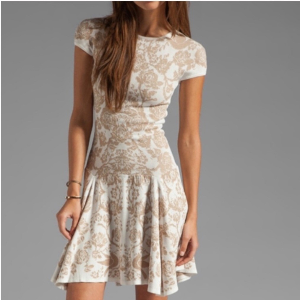 Torn by Ronny Kobo Patricia Dove Swing Dress L Tan Floral Jacquard Ladylike