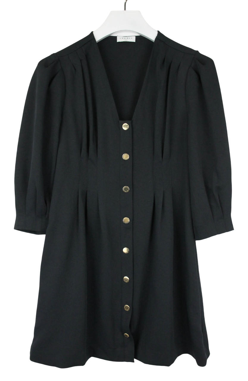 Sandro Dress Womens (EU) 38 3/4 Sleeve Snap Pleated V Neck Mini