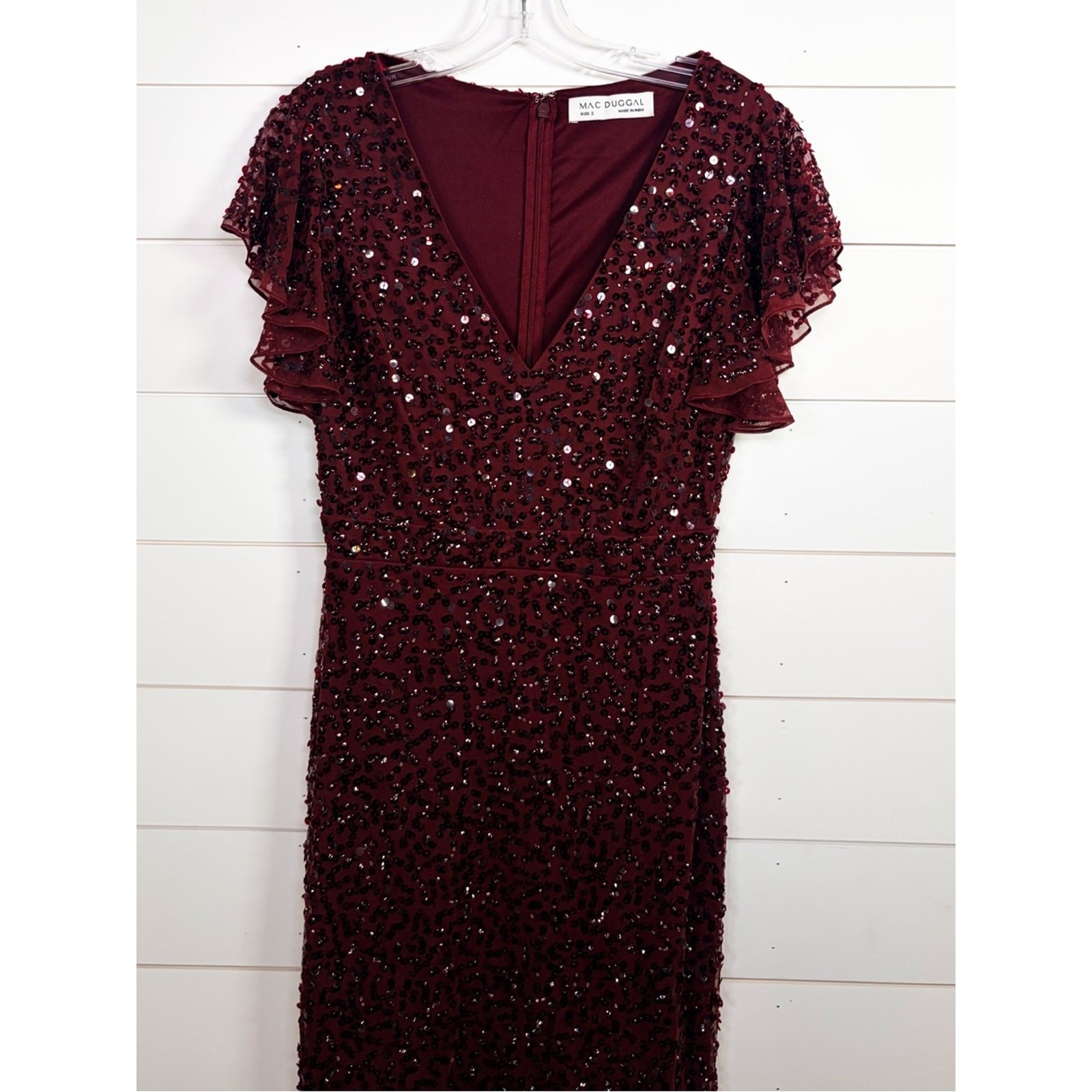 Mac Duggal 10801 Garnet Sequin Flutter Sleeve Midi Dress, NEW, Size 2 MSRP $398