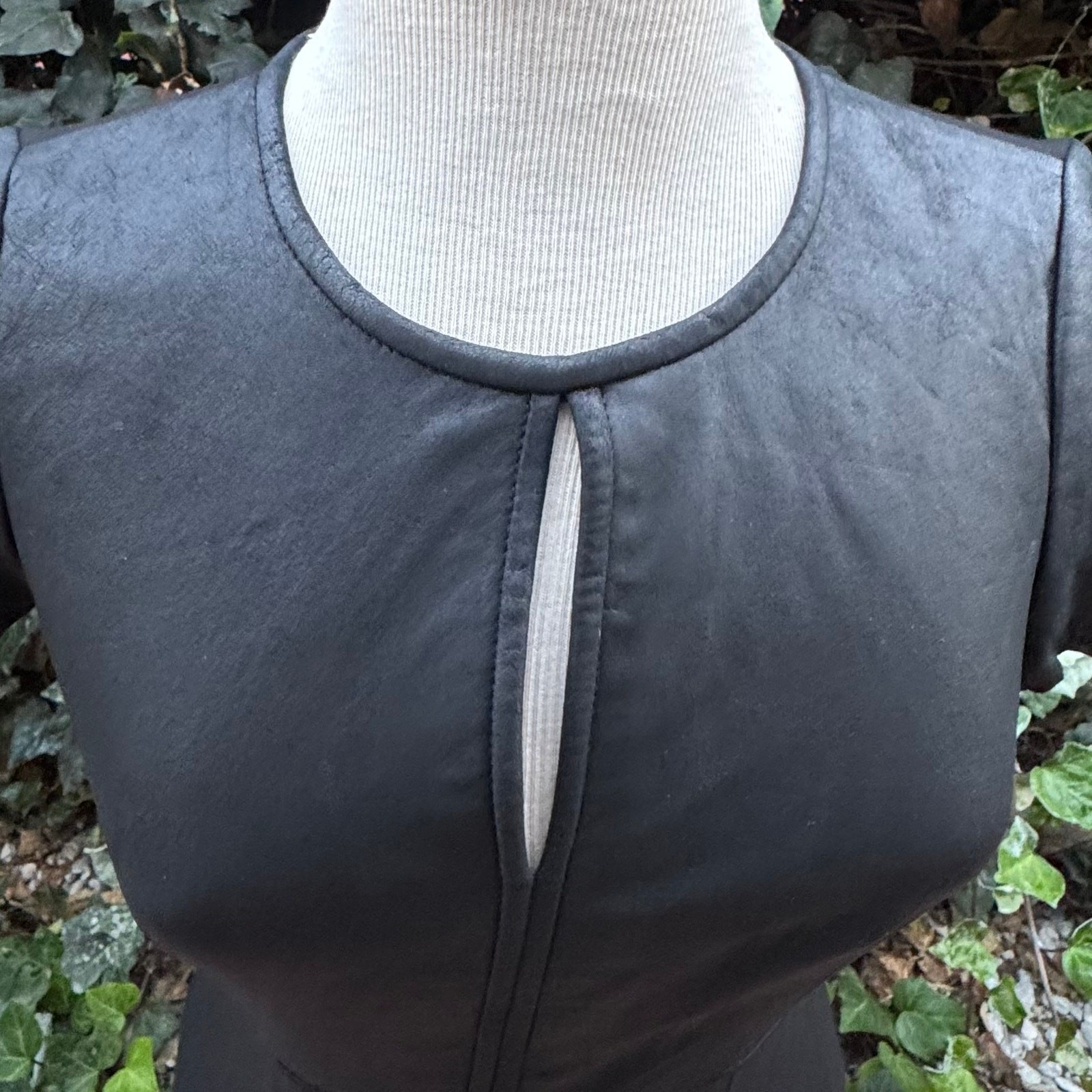 NWT My Tribe Mini Dress, Black Leather Shell, Stretch, Keyhole Round Neckline