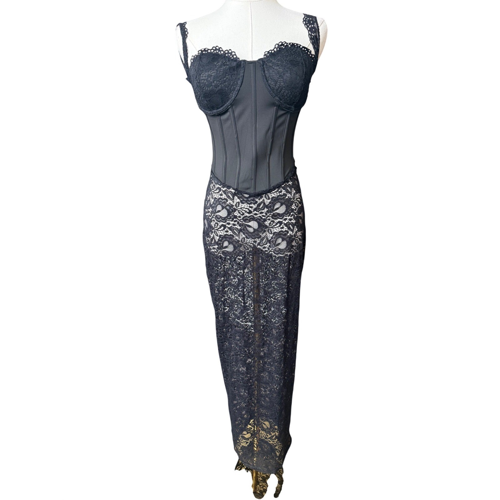 Fashion Nova Lace Corset Sheer Crochet Maxi Dress Size S Bustier Sexy Victorian