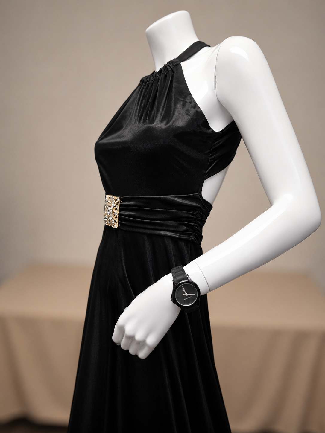 Black halter top satin stretch evening gown maxi with empire waist Size Small 4