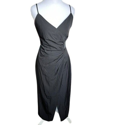 Black Ruched Wrap Midi Dress V-Neck Spaghetti Strap Side Slit Size Small
