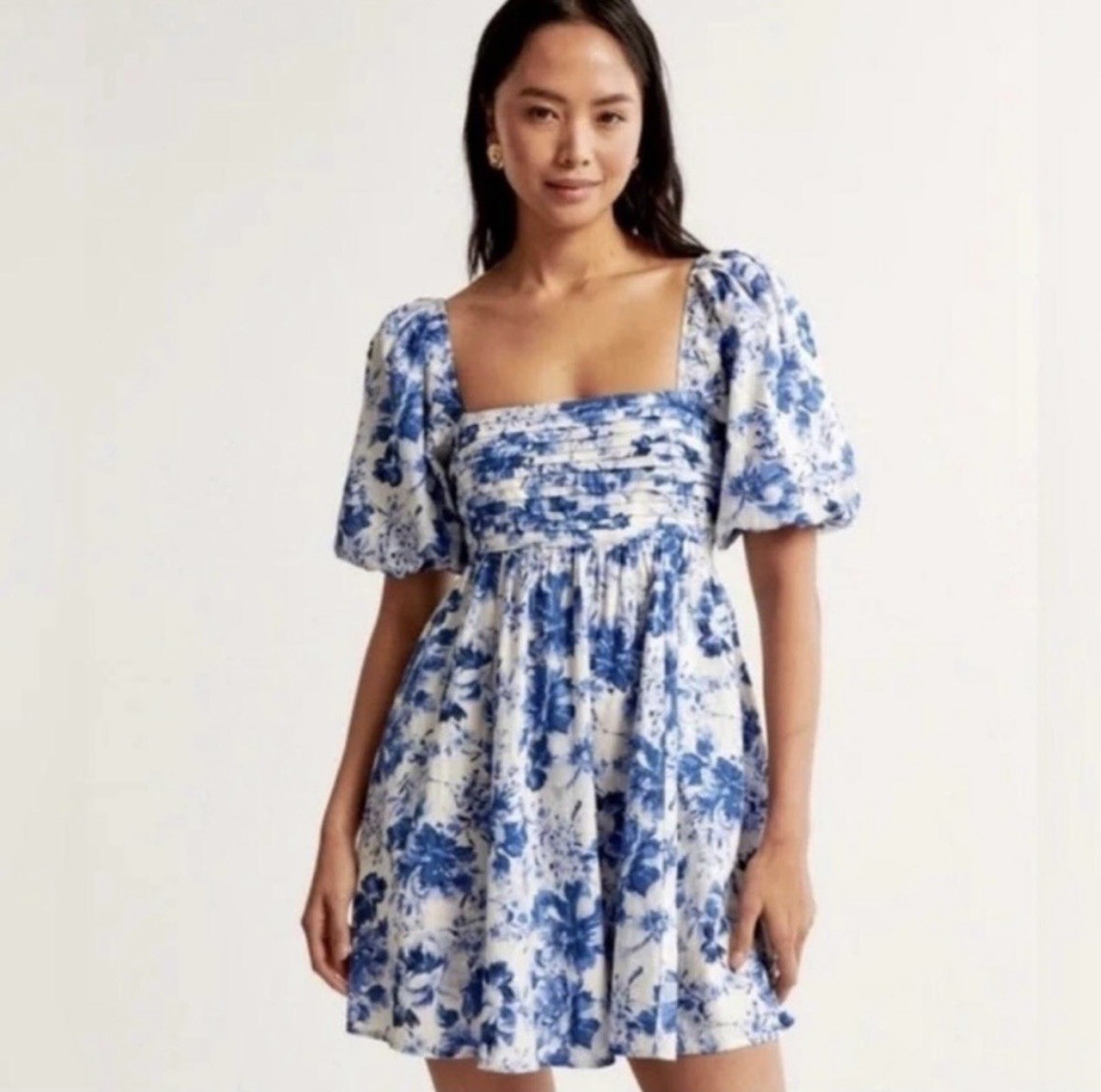 Abercrombie & Fitch Emerson Poplin Puff Sleeve Mini Dress Blue Floral SP