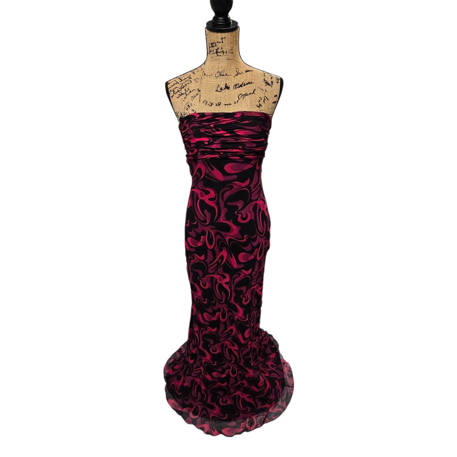 David Meister Gown Silk Strapless Column Dress Ruched Pink Black Sz 6 VTG Y2K