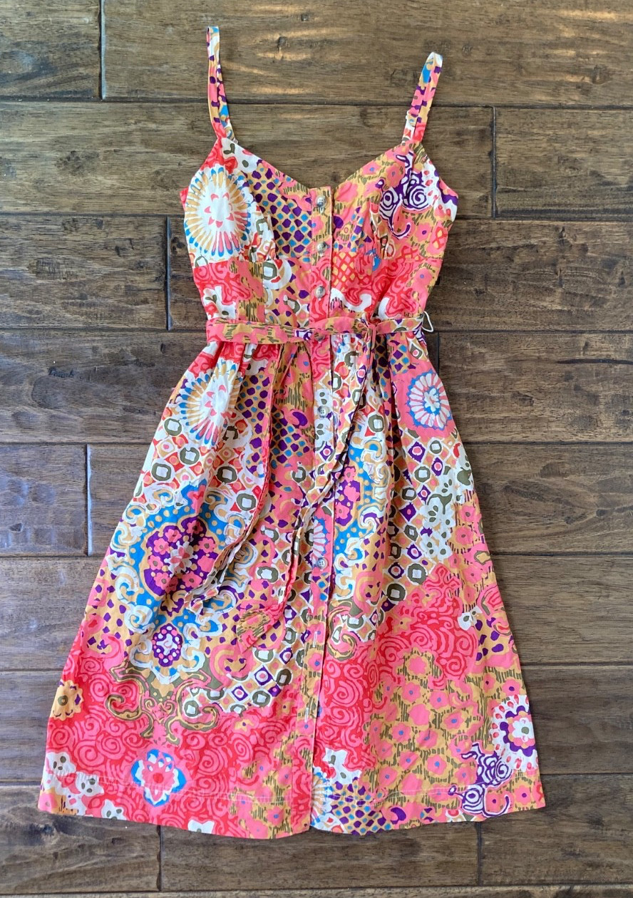 J.Crew Paisley Coral Pink Batik Floral Sun Dress Sz 00 Bow Button Front