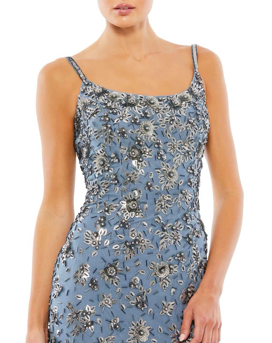 MAC DUGGAL FLORAL EMBELLISHED SCOOP NECK EVENING GOWN 5477 SIZE 16 SLATE GRAY