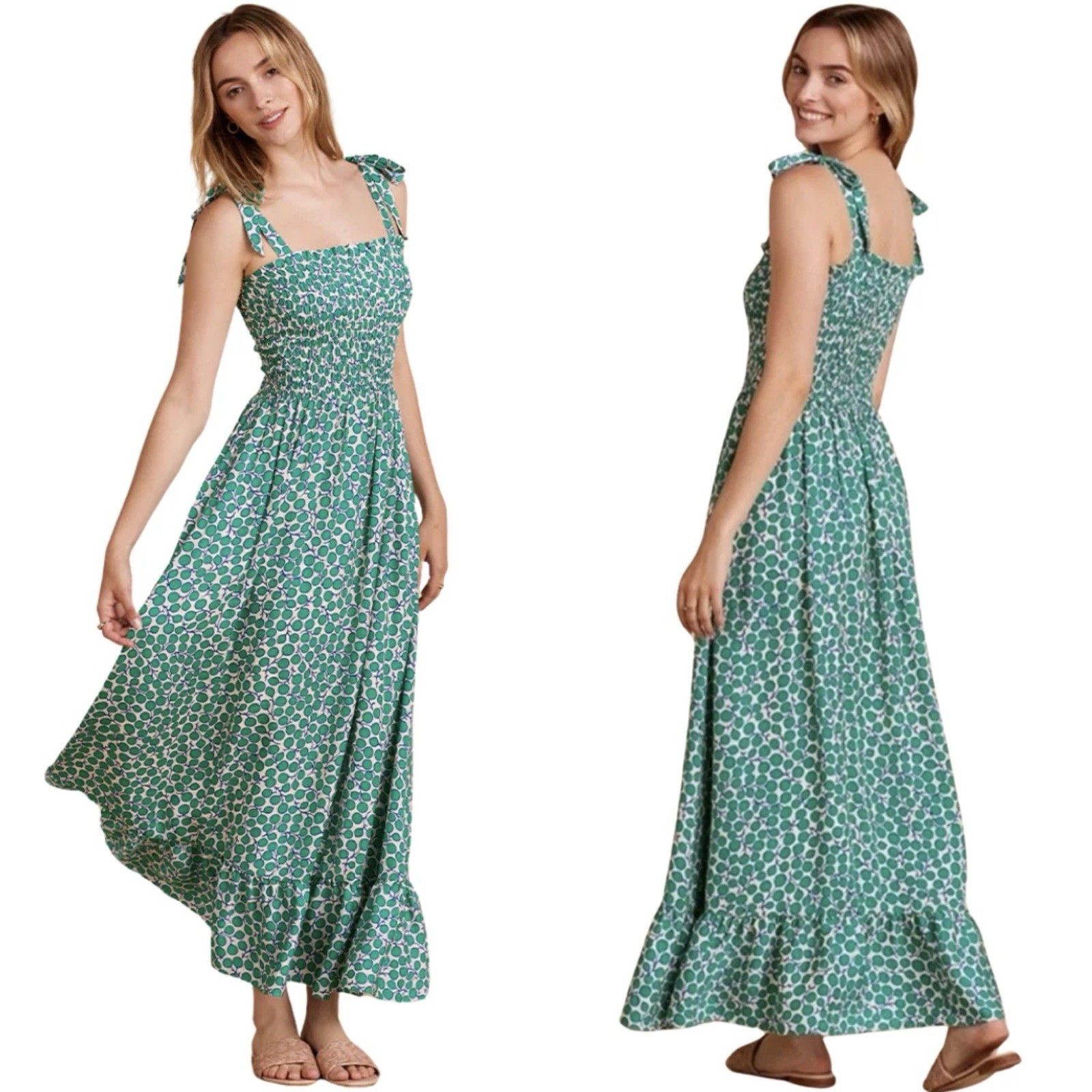 Summersalt Silky Maxi Dress Sz M Green Dots Ruffle Tie Bows Fairy Whimsy