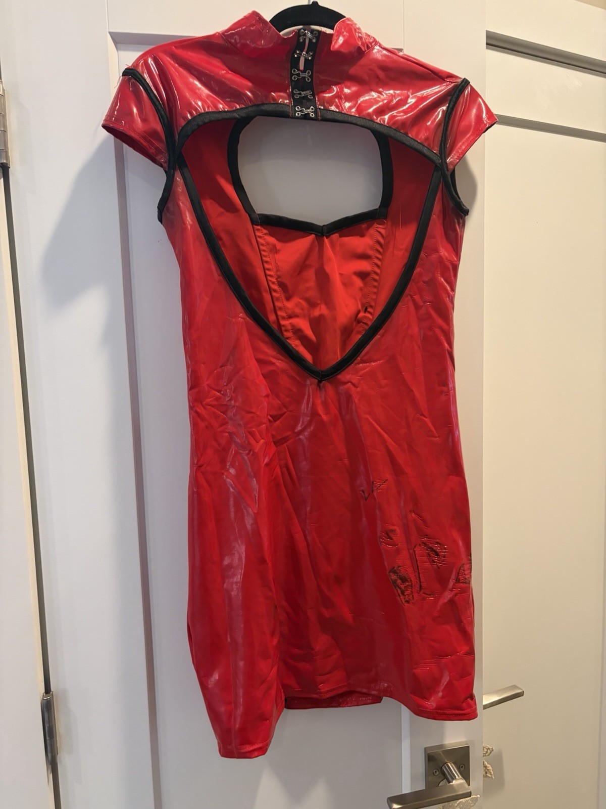 Coquette Red Latex Cut Out Lace Up Mini Bodycon Dress Short Sleeve High Neck