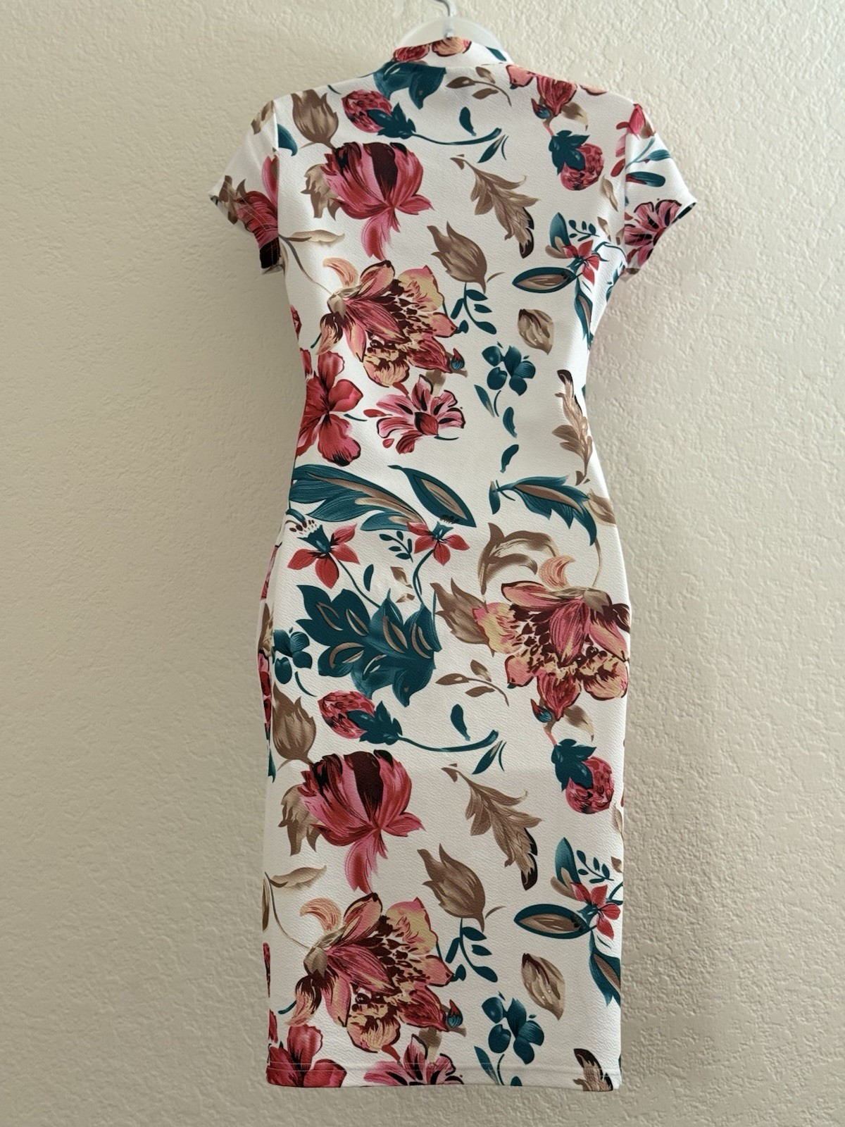 SHEIN Clasi Floral Mock Neck Bodycon Midi Dress White Pink Size S EU 36 US 4