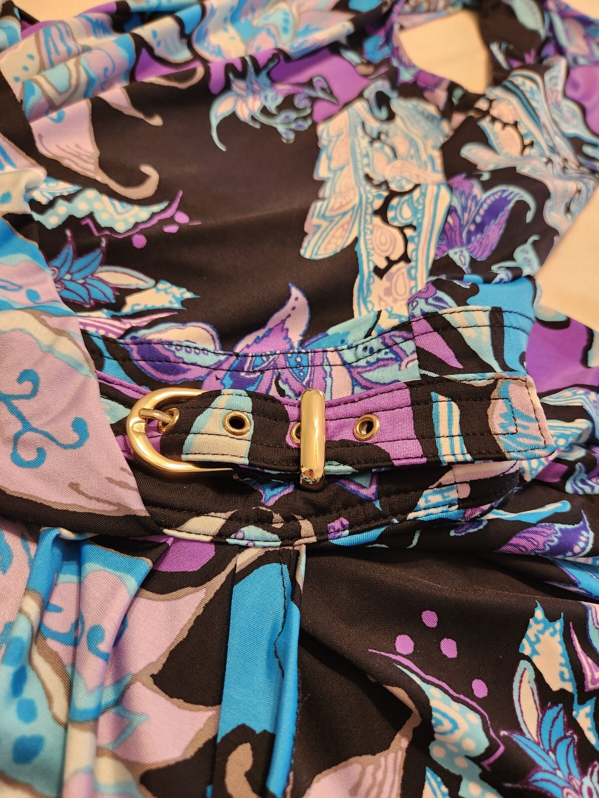 Cach’e Dress Sz-2 Blue Purple Paisley Floral w/Gold Accents Sexy Wrap Hip Buckle