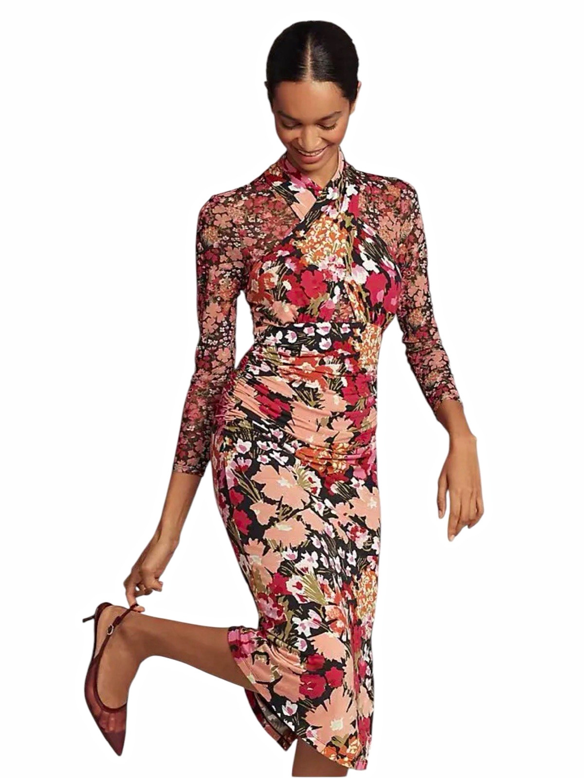 Anthropologie Floral Mesh Midi Dress Small Ruched Mock Neck Long Sleeve NWT