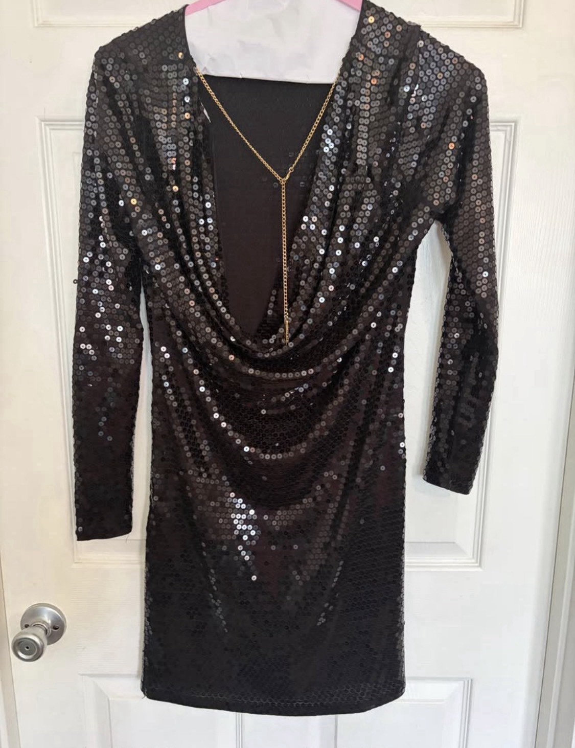 Michael Kors Black Sequin Cowl Neck Long Sleeve Short Sleeved Dress Size Medium