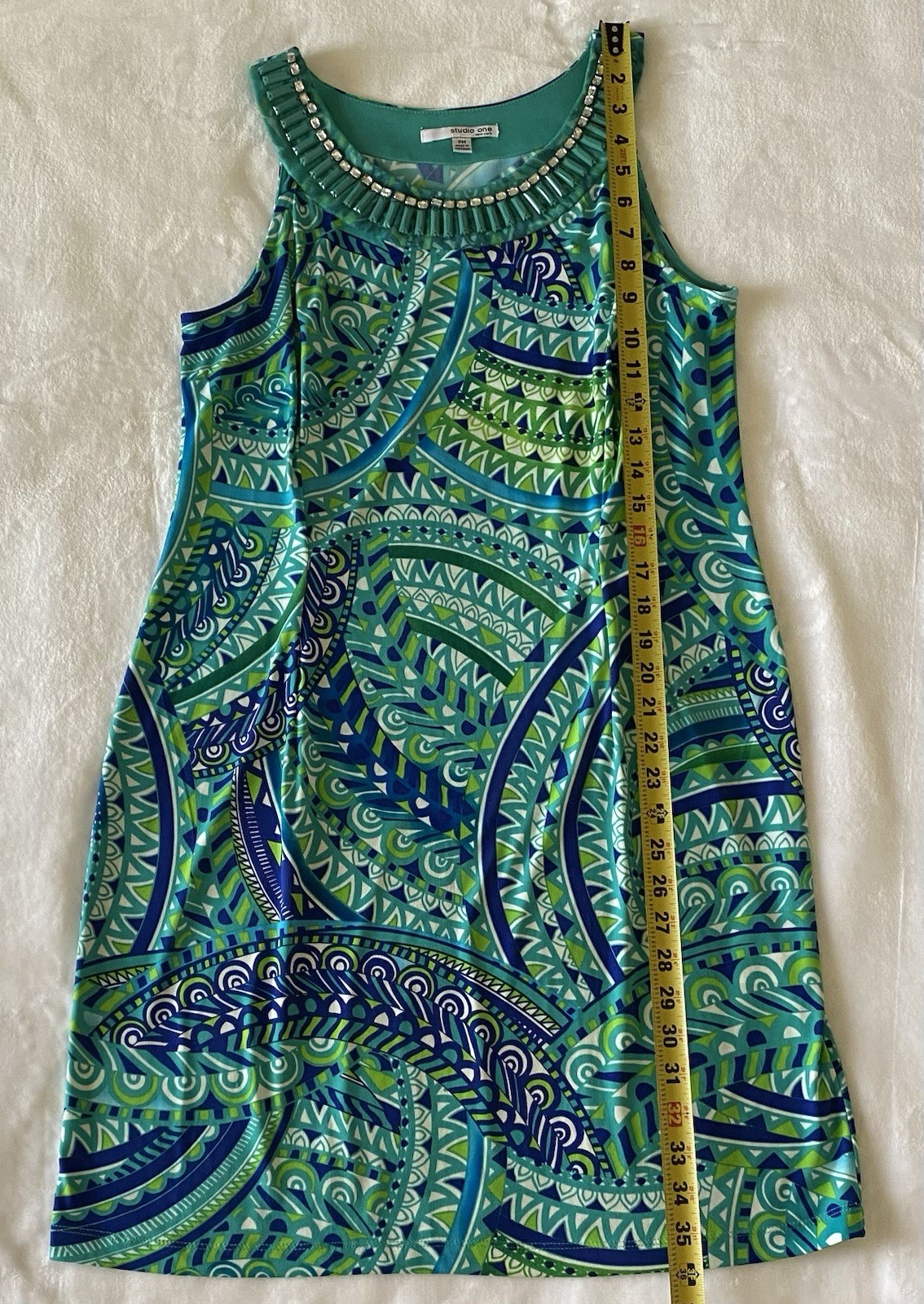 Studio One New York Women’s Petites PM Blue/Green Geometric Shift Knee Dress