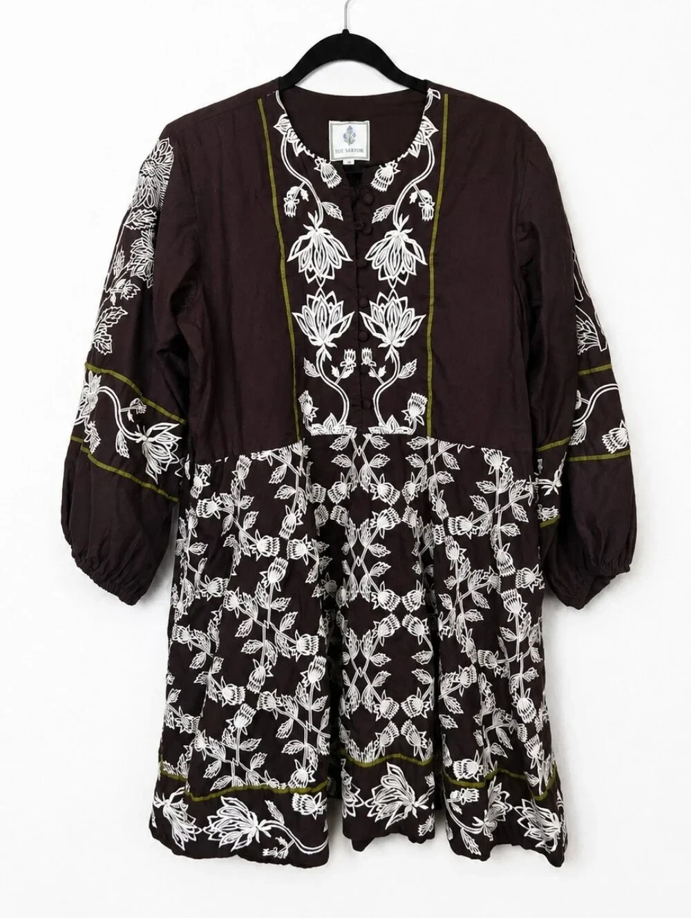 Sue Sartor Embroidered Cotton Floral Boho Cottagecore Puff Sleeve Dress Large