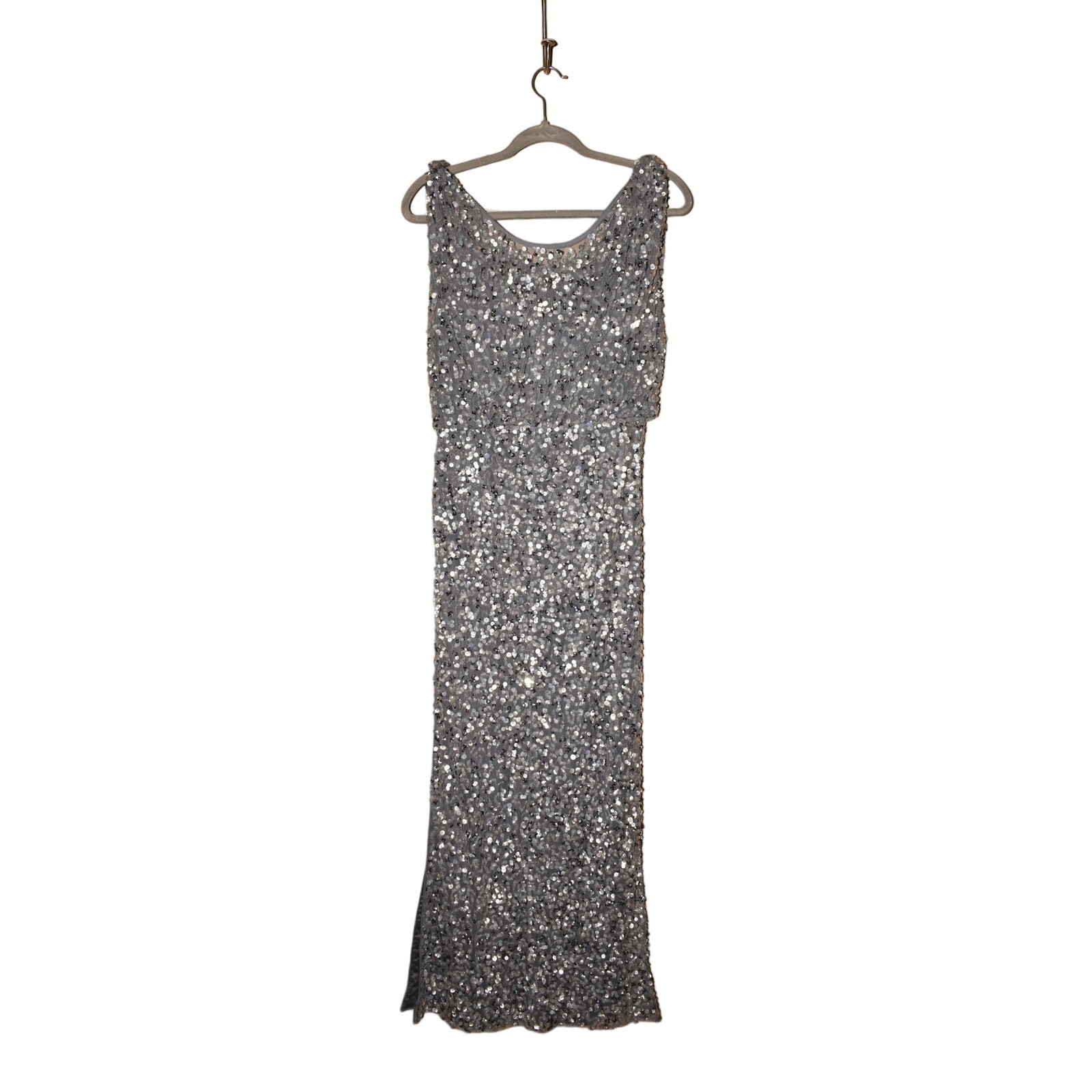 JS COLLECTIONS $298 Boatneck Mesh Sequin Sleeveless Evening Gown Silver Size 4