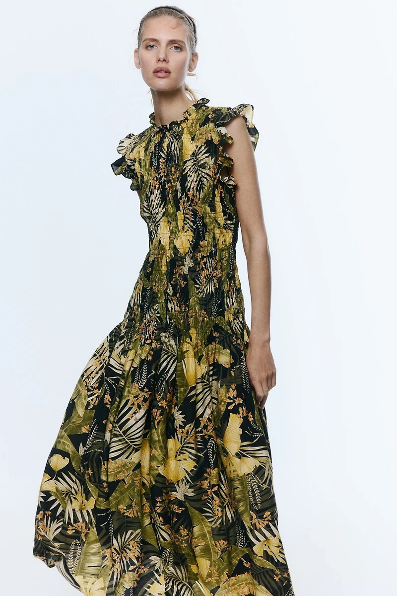 H&M Smocked Maxi Dress Black floral Tropical Boho Large NWT Resort Cruise Flowy