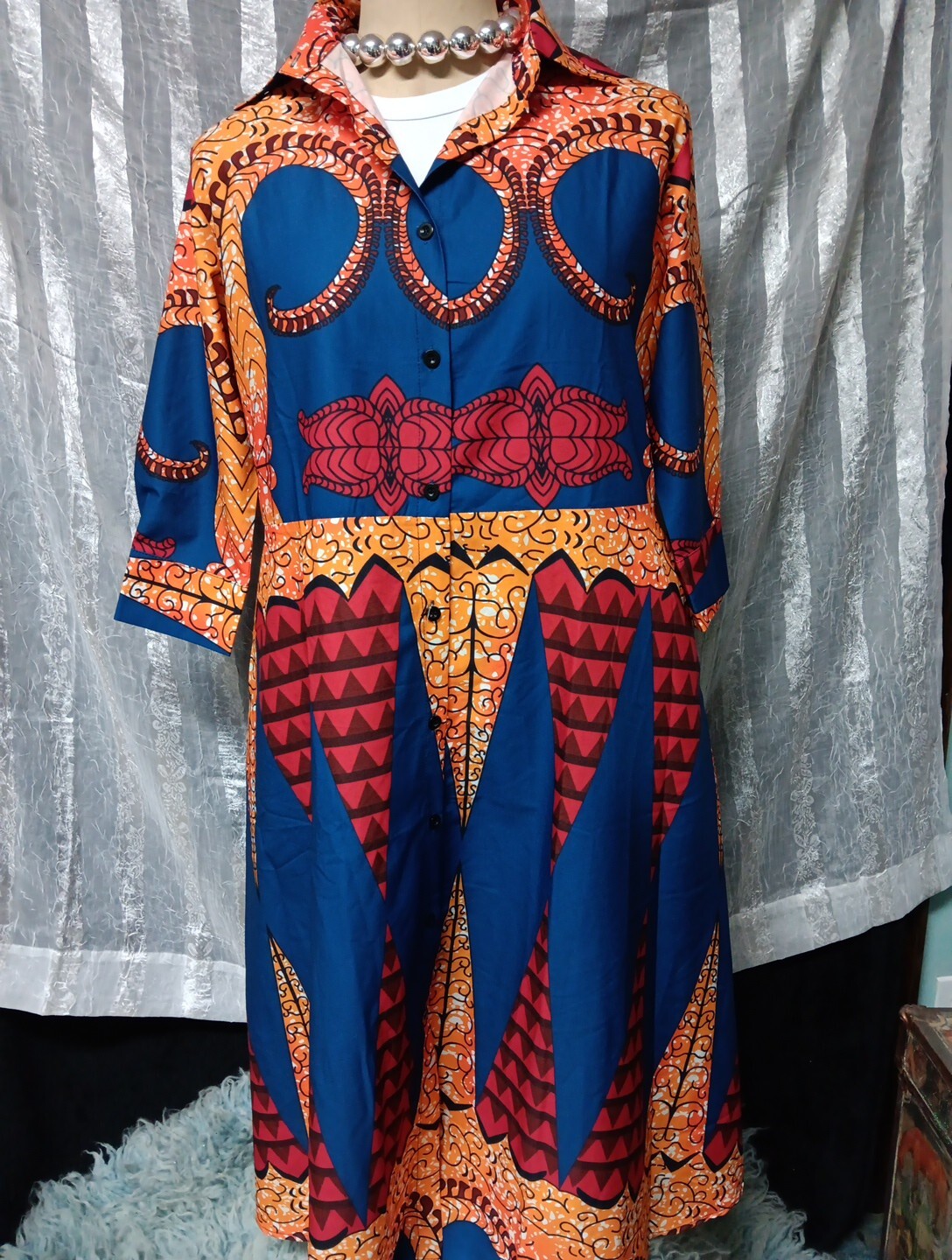 Colorful Below Knee Dress With Side Pockets XL 96% Polyester