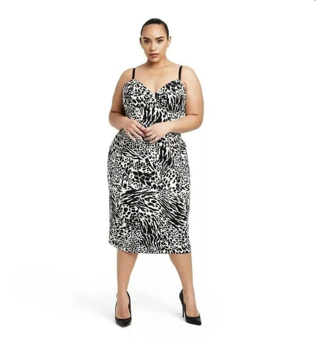Women’s Plus Size Animal Print Bustier Midi Dress – Sergio Hudson Black/Cream 1X