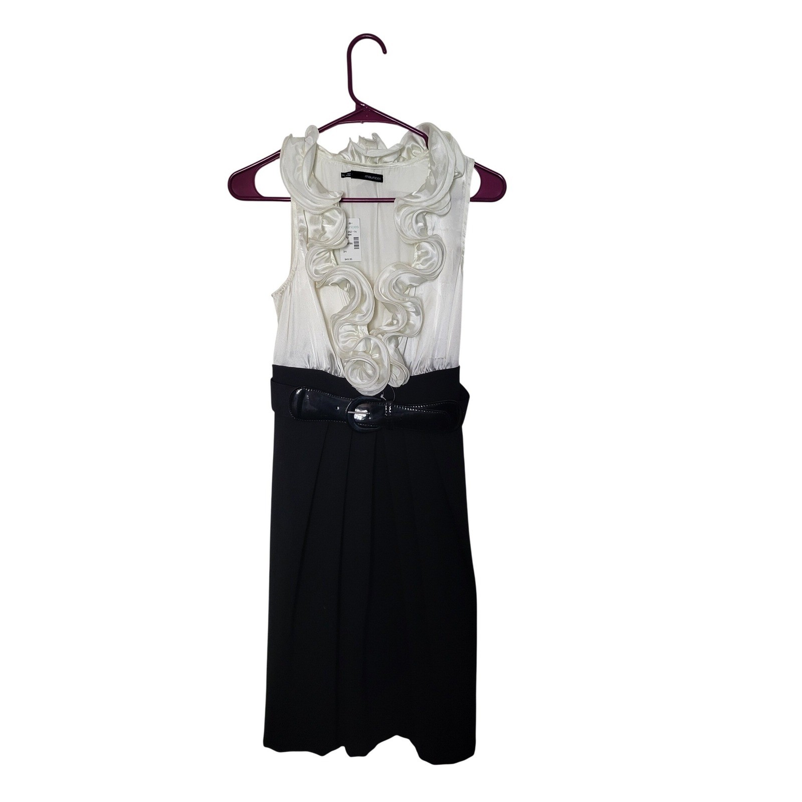 Maurices Cocktail Dress Womens 3/4 White Black Ruffle V-Neck Belted Satin Bodice