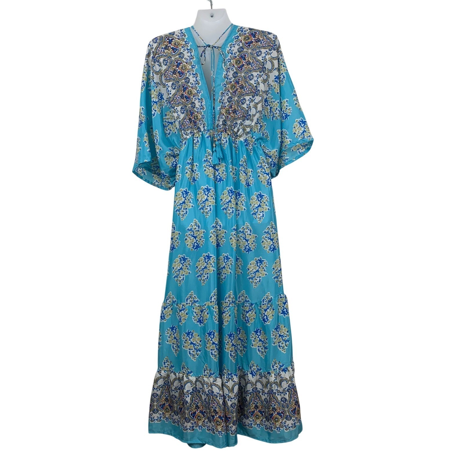 Women’s Free Size Turquoise Boho Maxi Dress V-Neck Tassel Tie Kimono Sleeve