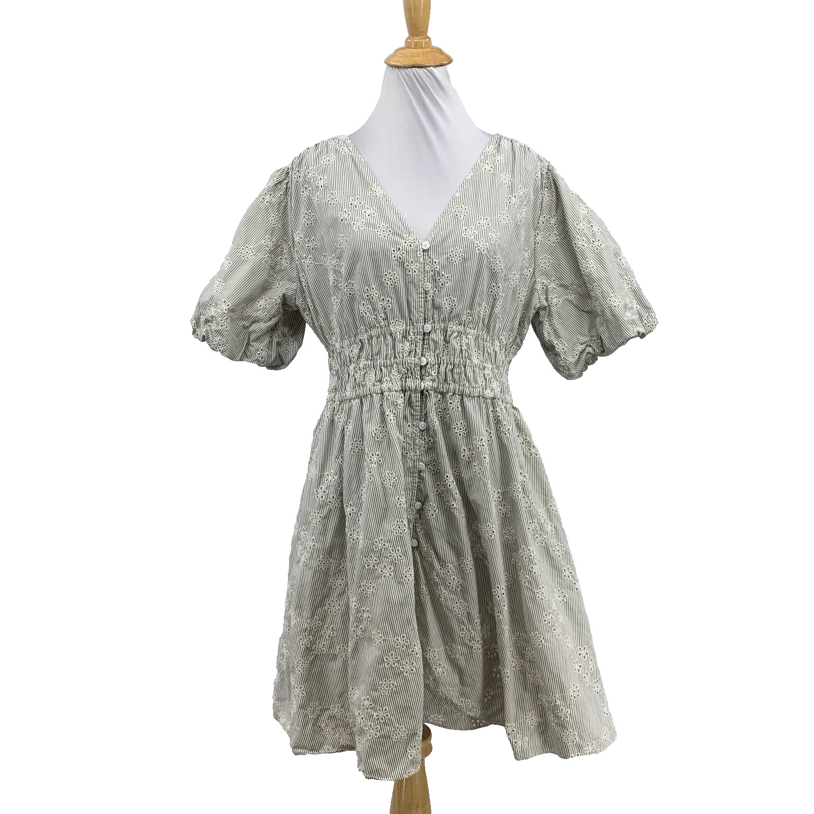 Madewell Dress Womens XL Extra Large Eyelet Sophia Mini Stripe Bubble Sleeves