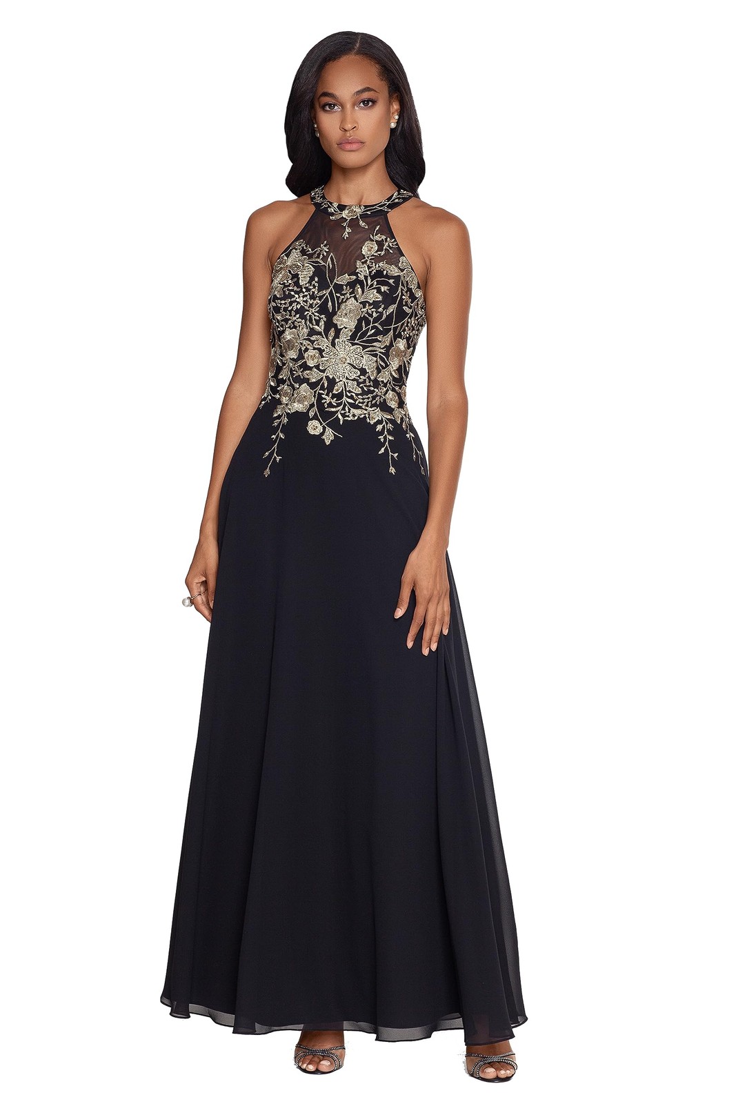 Betsy & Adam Women’s Long Embroidered Halter Chiffon Gown Black/Gold 6