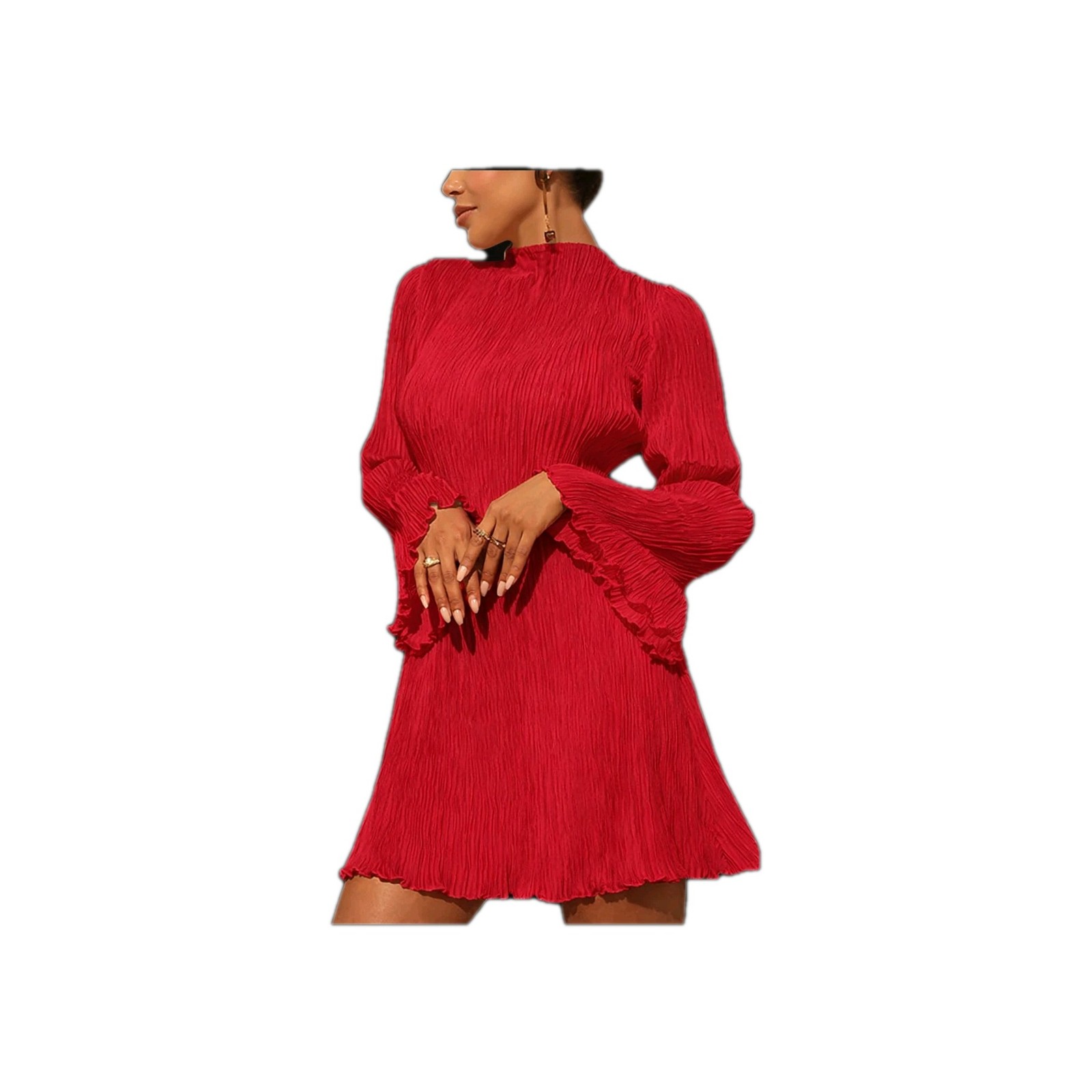 Annystore Womens Small Red Bell Long Sleeve Mini Dress Ruffeled