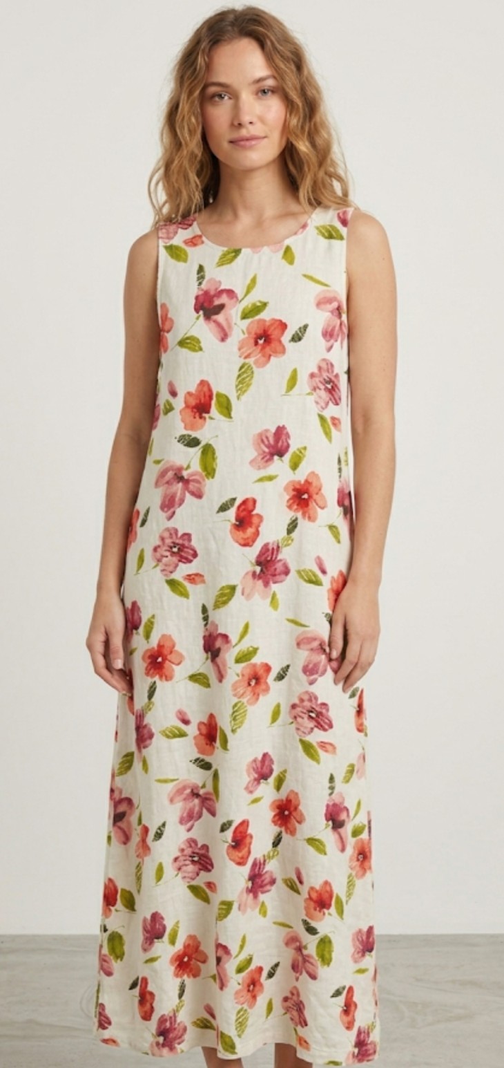 Sport Savvy Dress Womens Small Linen Maxi Sleeveless Floral Summer Made in USA