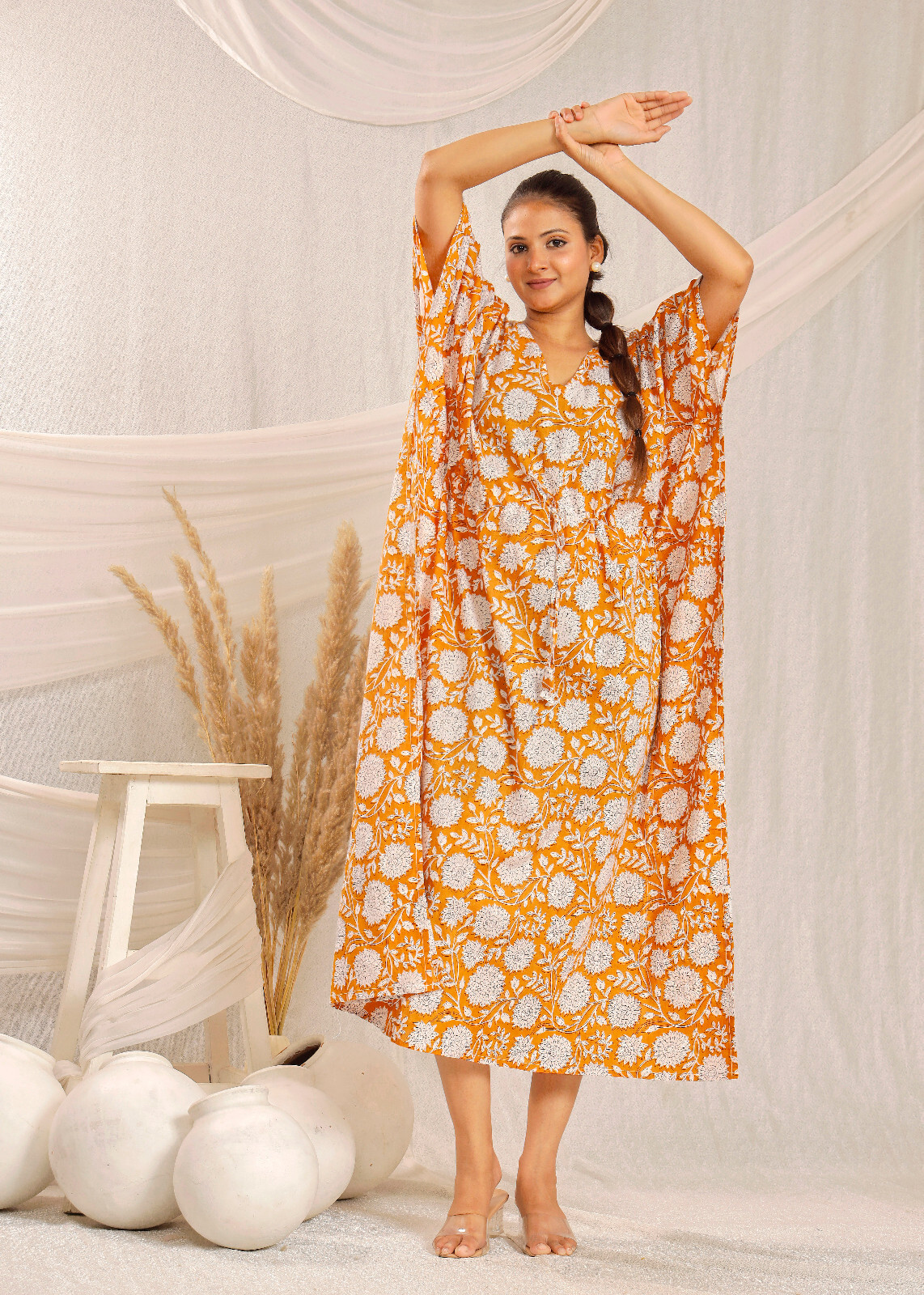 Beautiful white and orange color flower print kaftan modern kaftan dress