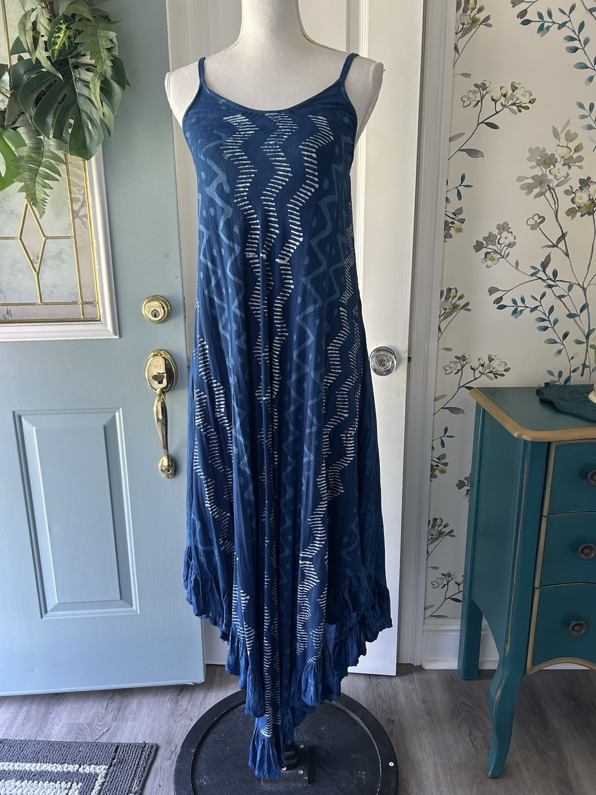 India Boutique Maxi Dress Womens OSFM Blue Ruffled Handkerchief Hem Elastic Back