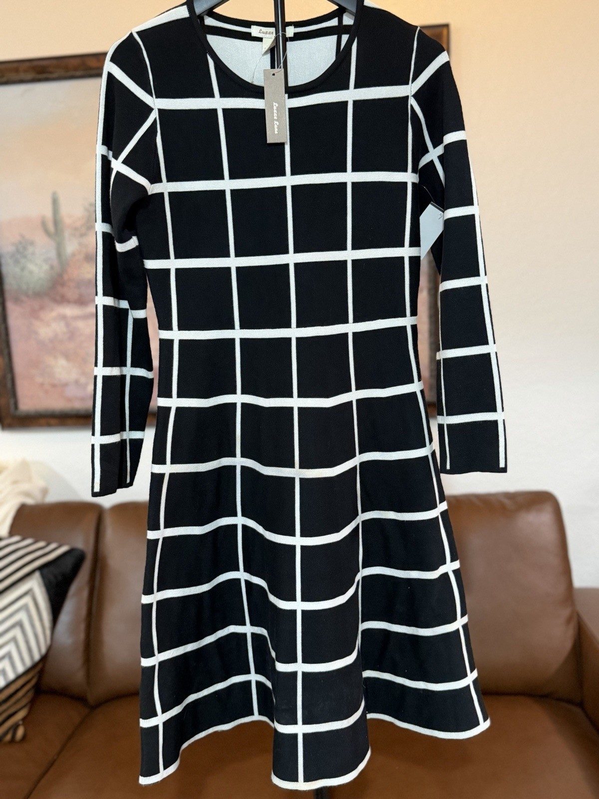 Luxace Lane Black/White Check Round Neck Knit A-Line Knee Dress Long Sleeve M
